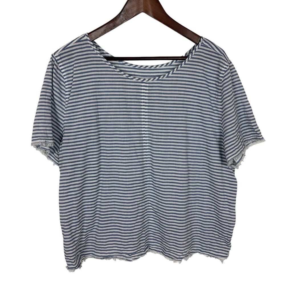 Susina Blue Chambray White Striped Short Sleeve T-Shirt Women XL